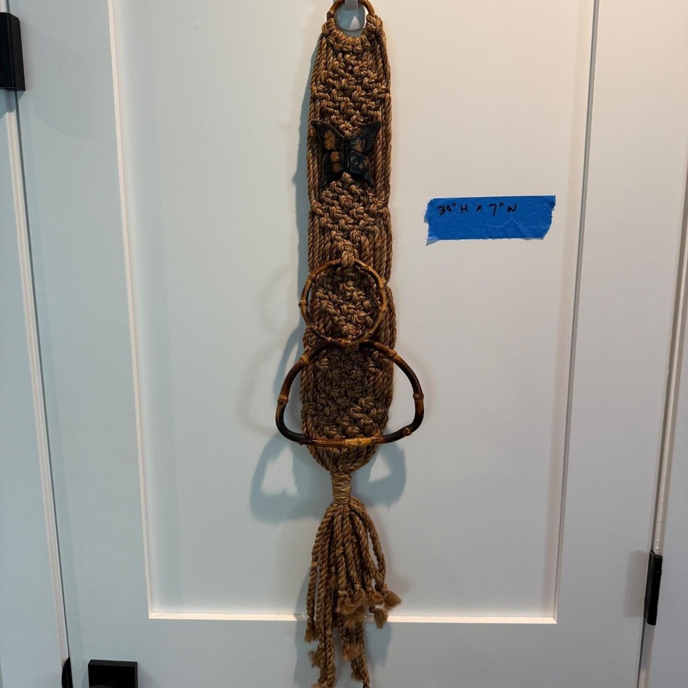 Vintage 70's Macrame Jute Wallhanging Towel Holder Boho‎ MCM Faux Bamboo